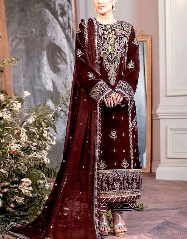 Luxury Heavy Embroidered Maroon Velvet Suit with Embroidered Net Dupatta.