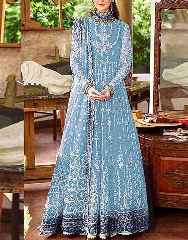 Luxury Handwork Heavy Embroidered Net Bridal Maxi Dress in Light Blue.