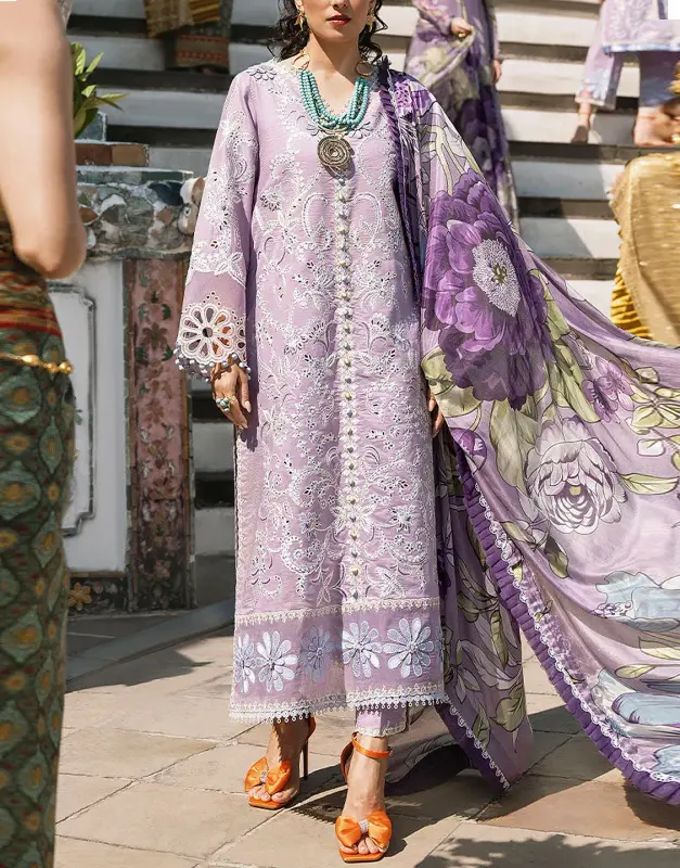 Luxury Unstitched 3-Piece EID Lawn Suit with heavy, detailed embroidery on the shirt and a vibrant Digital Printed Silk Dupatta.