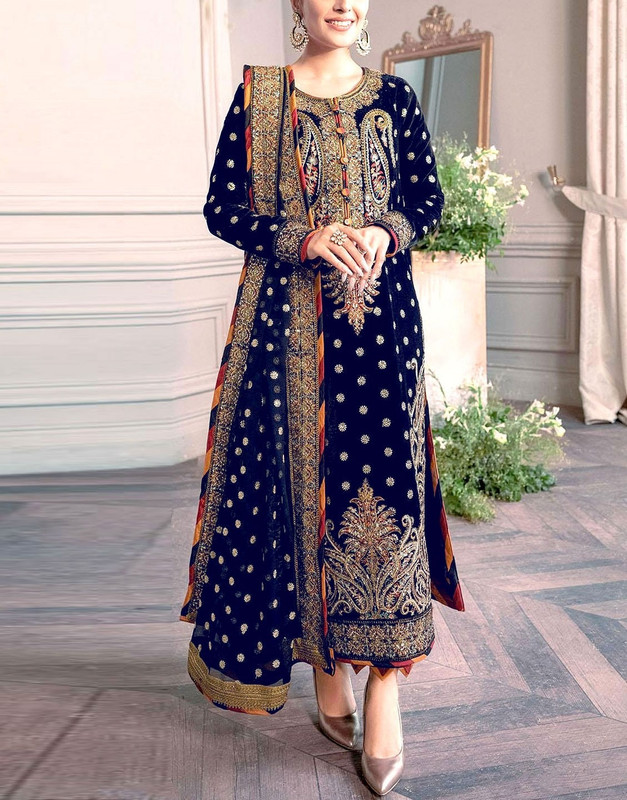 Luxury Heavy Embroidered Navy Blue Velvet Suit (5000 Micro Velvet) with 4-Side Border Net Dupatta.