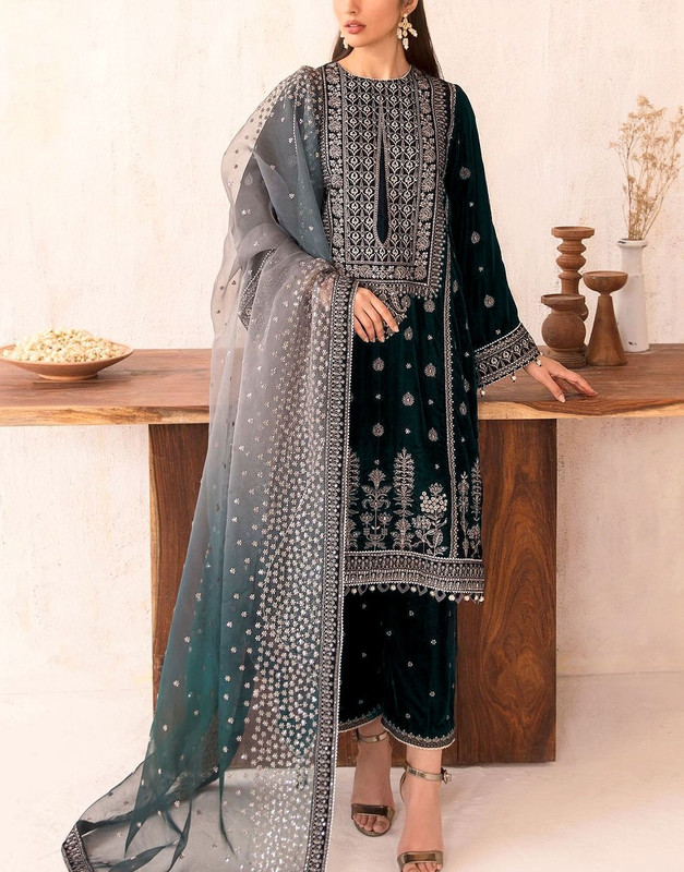 Luxury Heavy Embroidered Velvet Suit with Heavy Embroidered Tie & Die Organza Dupatta.
