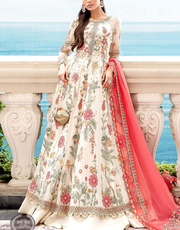 Luxury Heavy Embroidered White Chiffon Maxi Dress 2026 with Handwork Neck Patch.