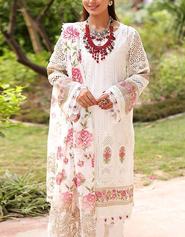 Luxury Heavy Schiffli Embroidered Lawn Party Dress 3-Pc with Digital Printed Silk Dupatta (2025).