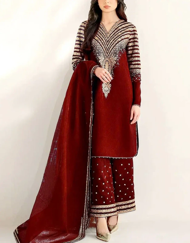 Full view of unstitched Maroon Raw Silk Party Dress with heavily embroidered sleeves and organza dupatta