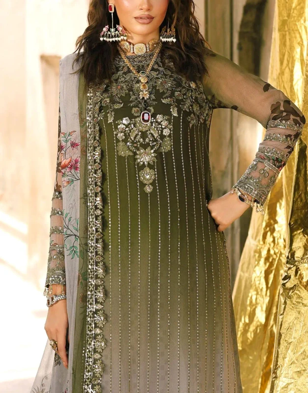Moss green dip-dye chiffon unstitched 3-pc mehndi dress front view - Pakistani hand-crafted suit with zari pearl work