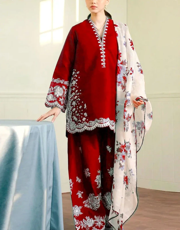 Most-Demanding Red Dhanak Dress, heavily embroidered on front, back, and trouser bottoms, with digital shawl