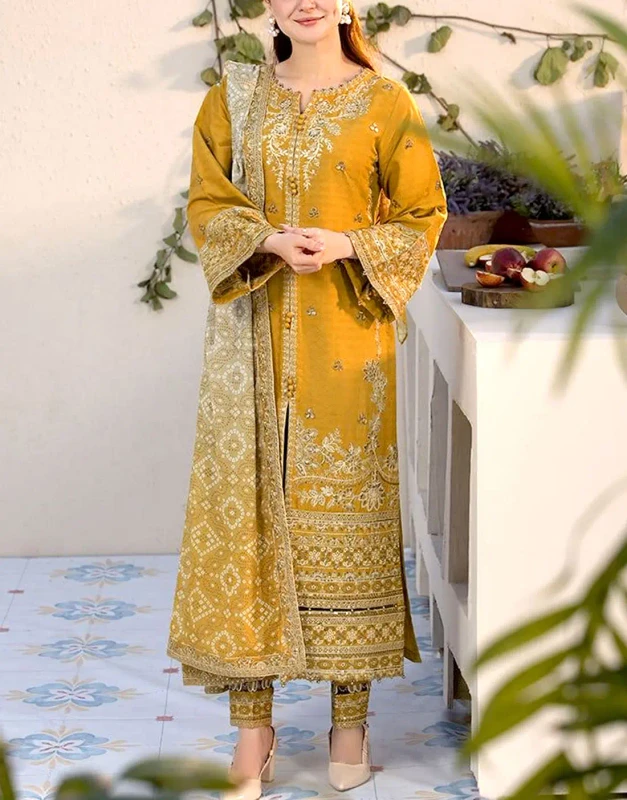 Formal Mustard Dhanak Winter Dress with heavy thread embroidery and matching digital-print shawl