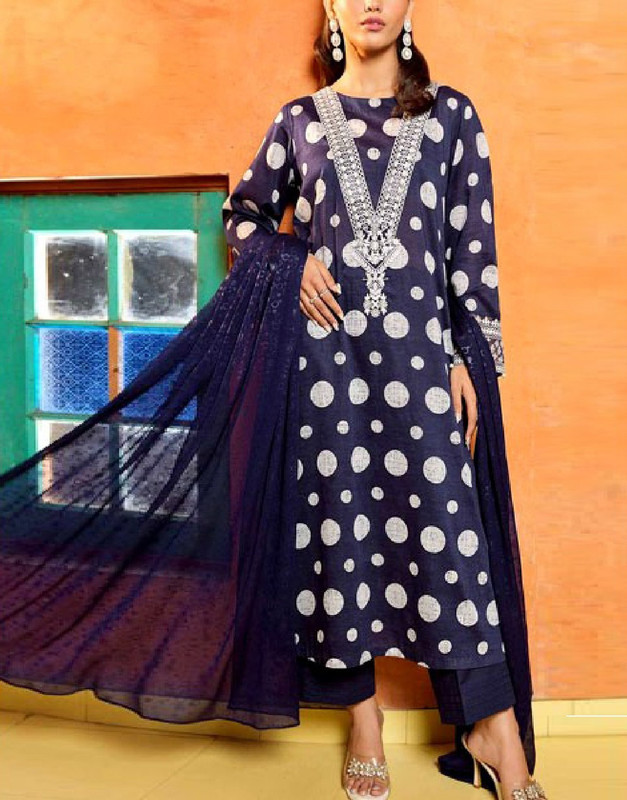 Charming Polka-Dot Print Embroidered Lawn 3-Piece Suit with Chiffon Dupatta.