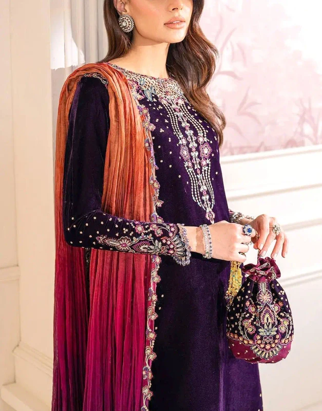Royal purple velvet wedding dress front view - Pakistani embroidered 3-piece with matching potli pouch