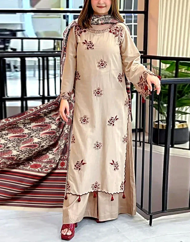 Soft skin-color Dhanak Winter Dress with subtle thread embroidery and matching printed Dhanak shawl