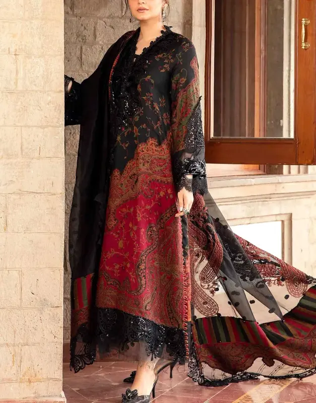 Trendy Embroidered Lawn Suit 3-Pc with Printed Chiffon Dupatta (Spring/Summer 2025).